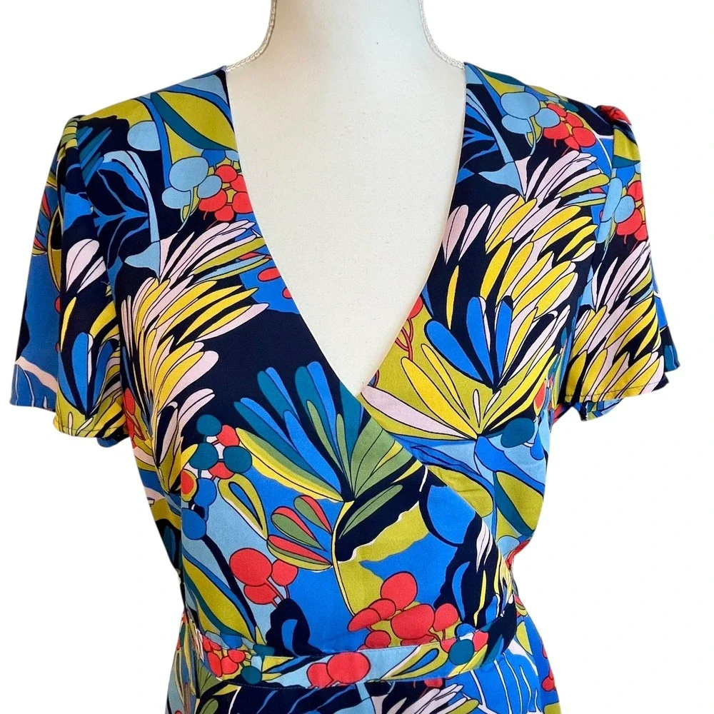 J CREW Mercantile Faux Wrap Dress Floral‎ Print Sz 10 Short Sleeve Office Work